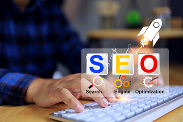SEO search engine optimization concept with programmer working on computer for keyword strategy commercial website with rocket icon riseup to increase access customer segment target group