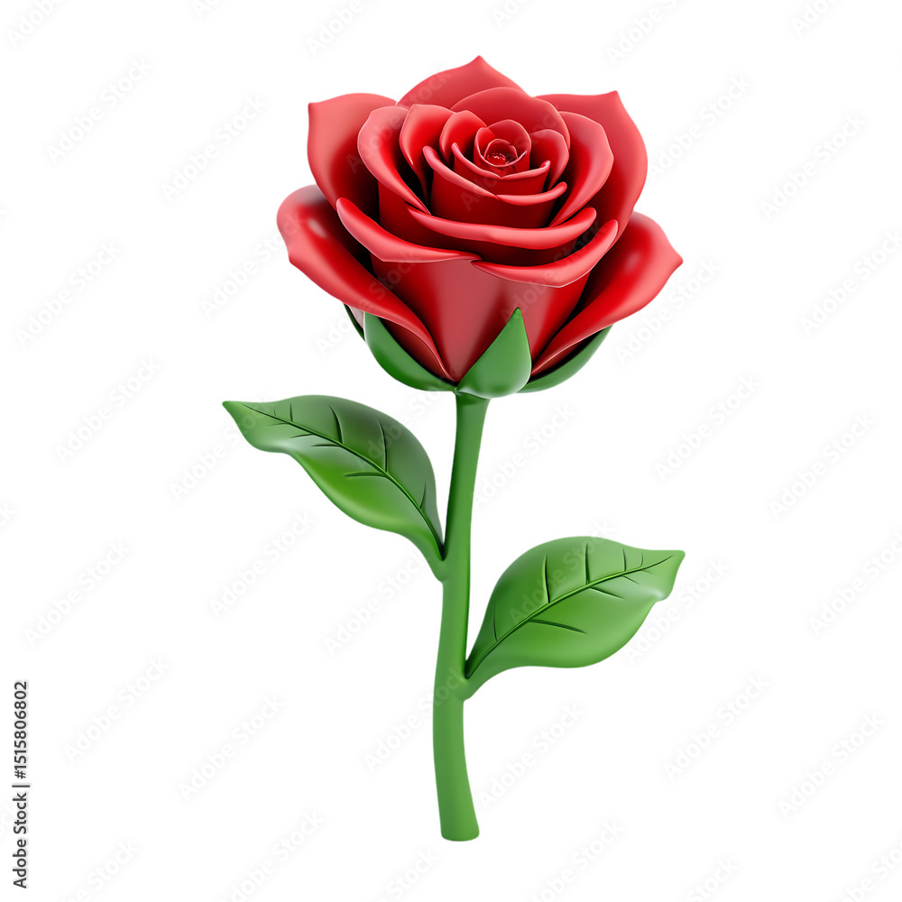 Poster a single red rose with green stem and leaves isolated in a rendered style isolated on transparent ba