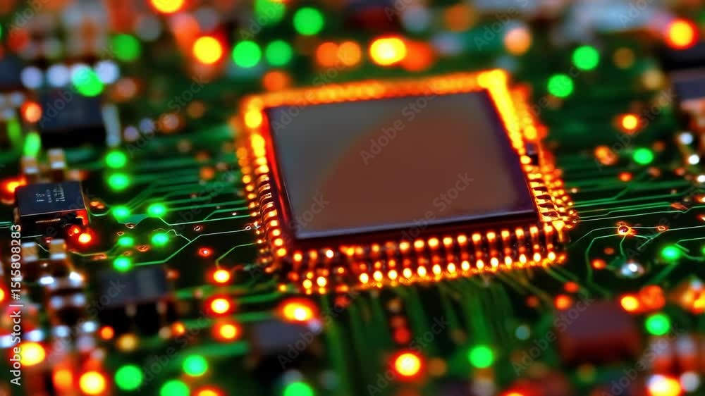 Poster close-up of a microchip on a circuit board with glowing lights. the intricate design showcases techn