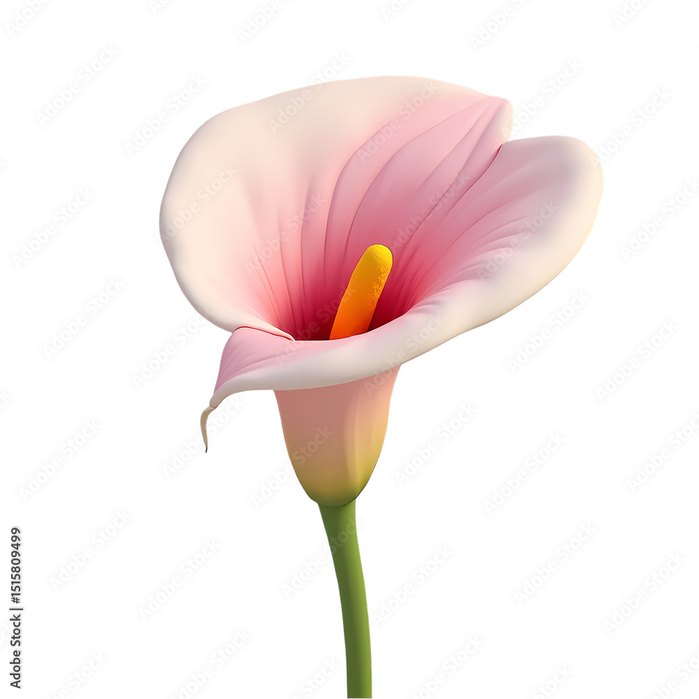 Poster a single pink calla lily with a yellow spadix isolated in a close up view isolated on transparent ba