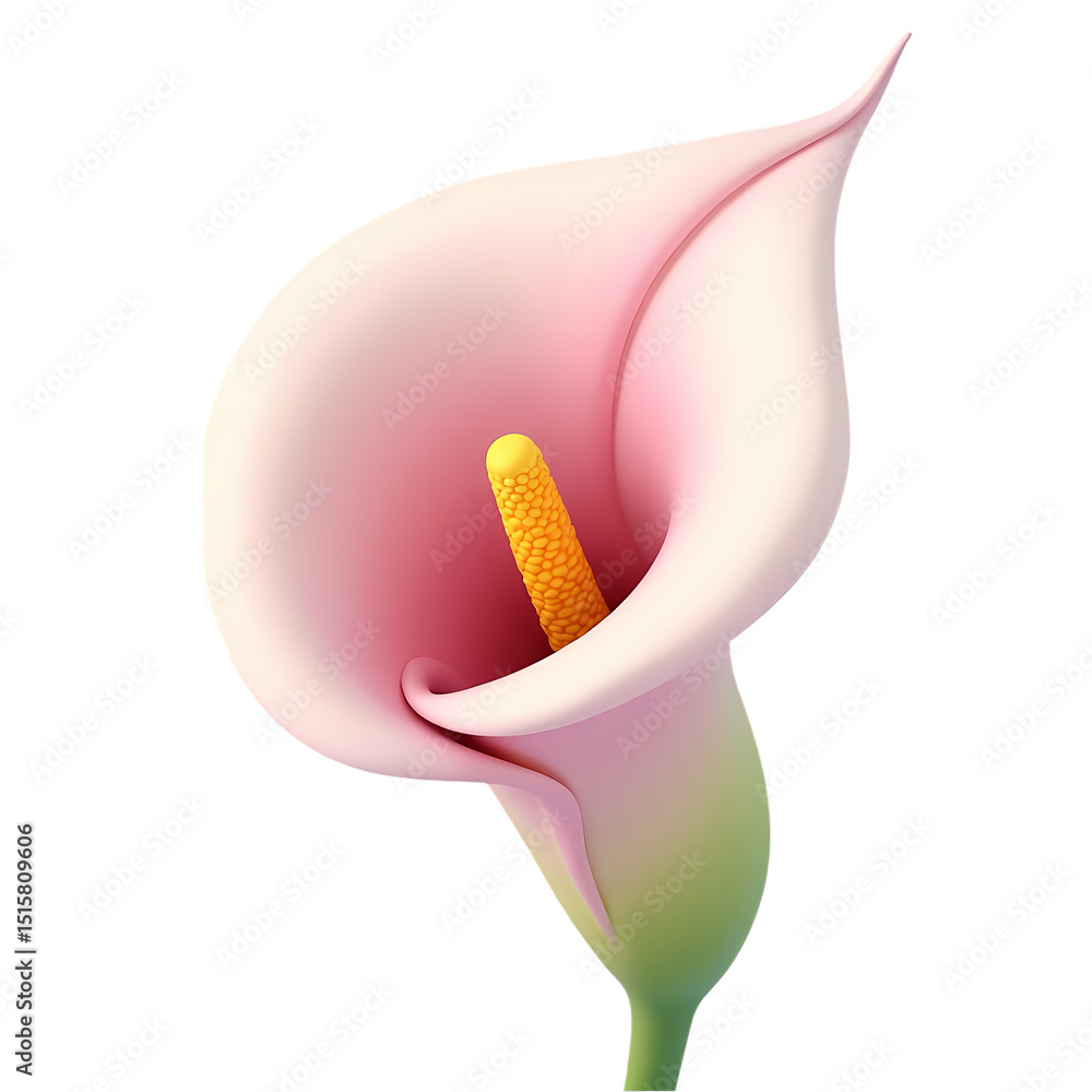 Poster a close up of a light pink calla lily with a yellow spadix in a isolated on transparent background