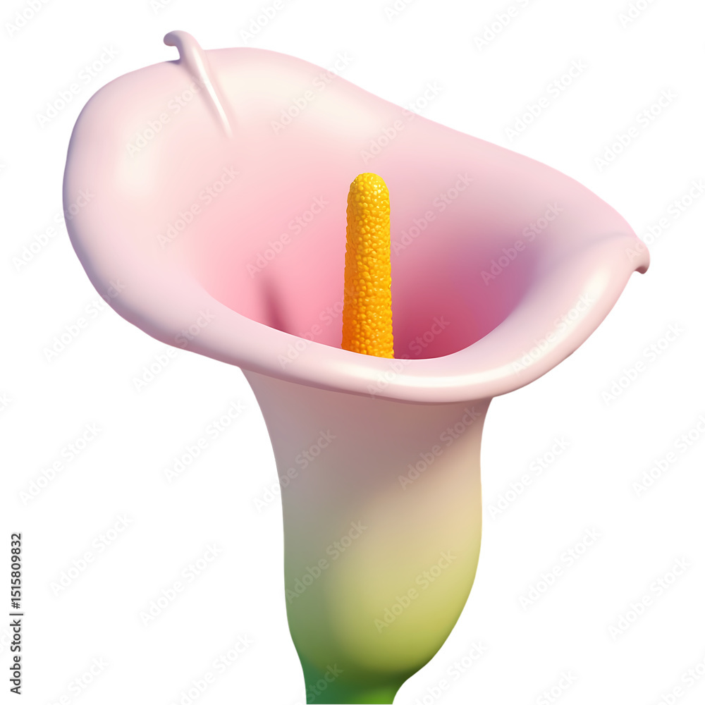 Poster a single pink calla lily with a yellow spadix and a green stem is displayed isolated on transparent 
