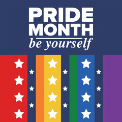 LGBT Pride Month in June. Lesbian Gay Bisexual Transgender. Celebrated annual. LGBT flag. Rainbow love concept. Human rights and tolerance. Poster, card, banner and background. Vector illustration