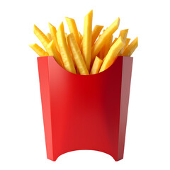 A red carton filled to the top with golden yellow french fries  isolated on transparent background