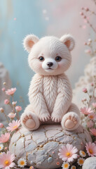 Fototapeta premium Cute Baby Bear Sitting Peacefully Among Wildflowers
