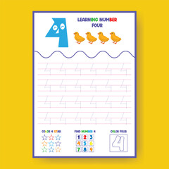 Number Four Worksheet for Kids Counting and Handwriting Practice