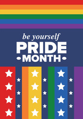Fototapeta premium LGBT Pride Month in June. Lesbian Gay Bisexual Transgender. Celebrated annual. LGBT flag. Rainbow love concept. Human rights and tolerance. Poster, card, banner and background. Vector illustration