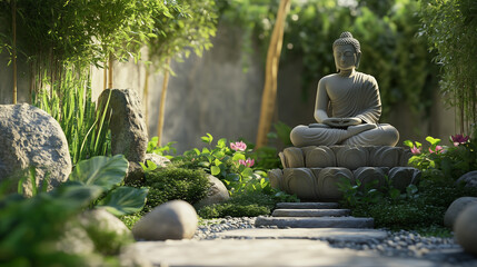 Buddha statue sitting peacefully in a garden surrounded by nature and reflecting Asian spiritual culture and ancient art