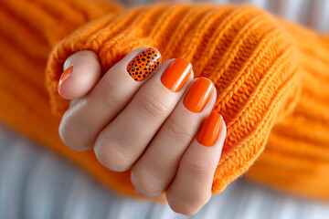 Halloween pumpkin print nails vibrant orange and black colors spooky designs cute pumpkin faces intricate nail art glossy finish closeup festive mood hi