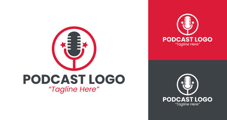 Stylish and Professional Podcast Logo with Microphone in Red and Purple for Audio Branding
