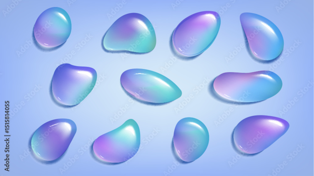 Poster holographic drop shapes in vibrant gradient colors from purple to blue. glossy irregular ovals of li