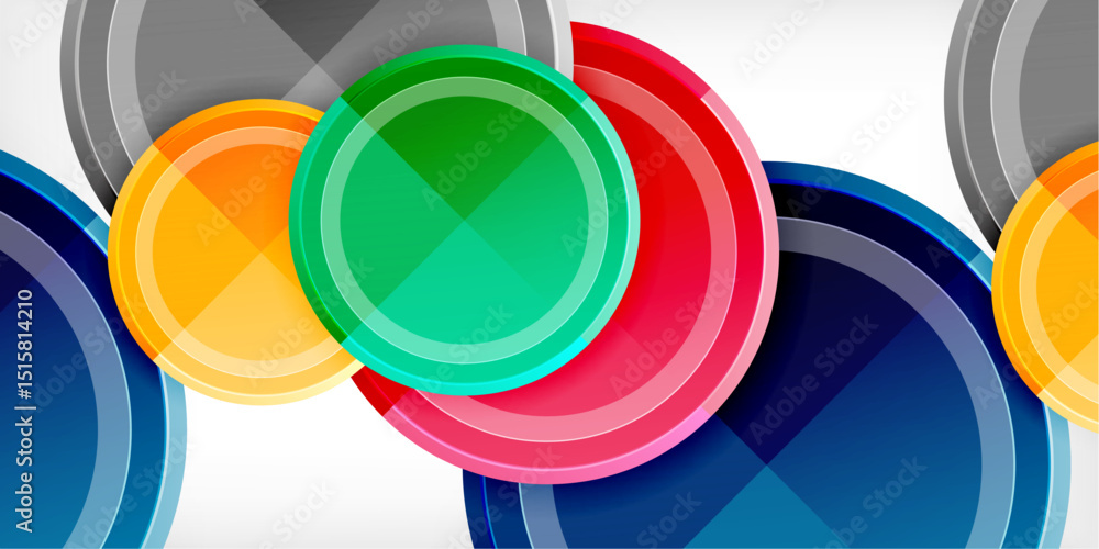 Poster Abstract circles overlap, creating vibrant color patterns. Modern design features geometric shapes, gradients, dynamic composition.