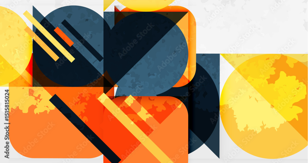 Aufkleber Abstract geometric composition. Overlapping shapes, orange, yellow, blue tones create dynamic visual interest. Minimalist design.