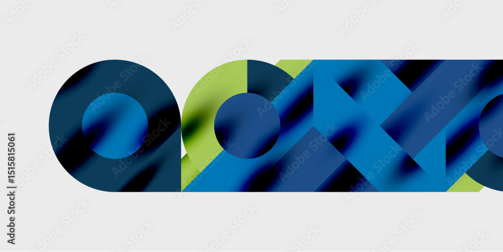 Poster abstract geometric shapes, blues, greens create dynamic composition. modern design, clean lines, vis