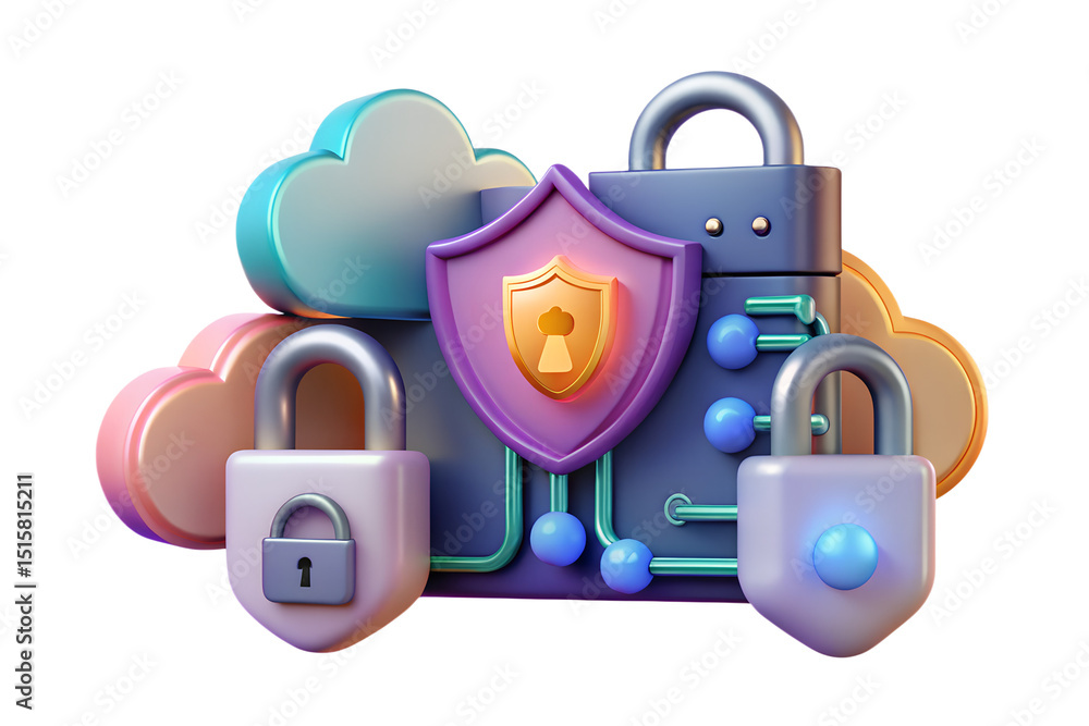 Poster secure cloud data protection 3d render of padlocks, shield, and cloud computing