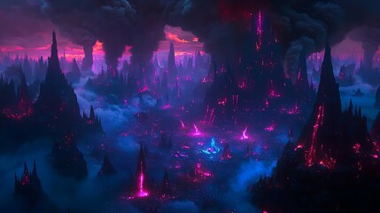Fototapeta premium Glowing sparks dotting a dark volcanic landscape with dense smoke clouds swirling overhead, eerie lighting highlighting volcanic formations