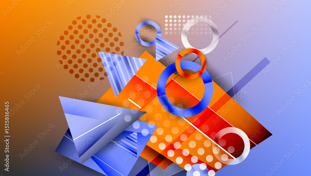 Poster Abstract composition features geometric shapes, vibrant colors, gradients. Modern design elements create dynamic visual experience.
