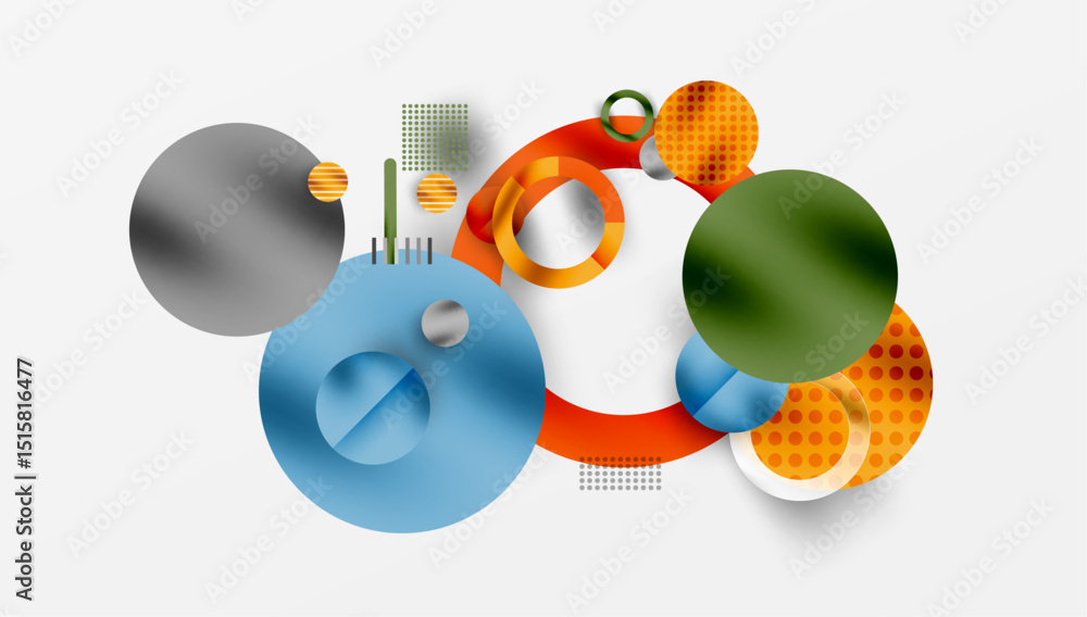 Poster abstract geometric shapes overlap, creating dynamic composition. circles, lines, gradients offer mod