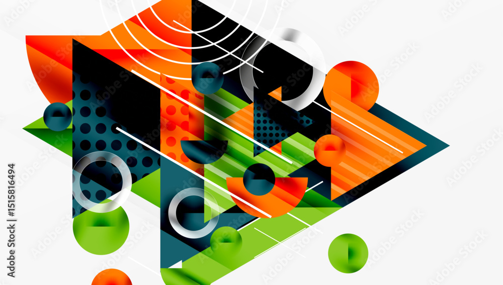 Poster abstract geometric composition. shapes overlap, creating dynamic visual effect. bright colors, lines