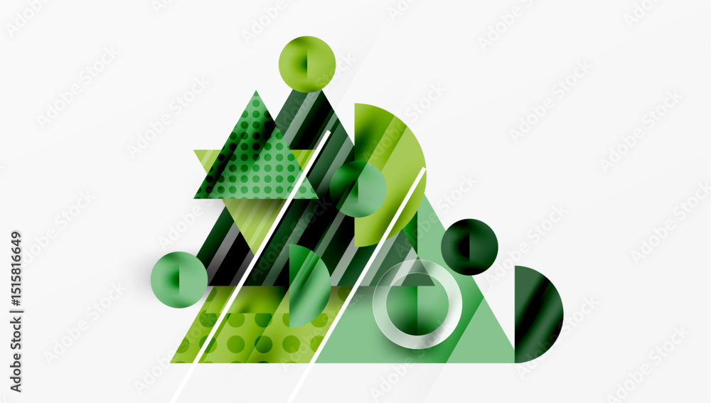 Poster Abstract geometric composition. Green shades dominate, featuring circles, triangles, rectangles. Overlapping shapes create dynamic visual effect. Modern design.