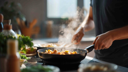 Man cooking Indian curry home kitchen filled with colorful spices and steam ambient morning light rich and cultural vibe photo realistic concept overthes