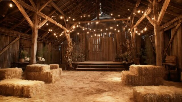 Rustic barn interior decorated with hay bales and string lights for an event or wedding space