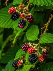 Freshly grown blackberries hanging on a thorny bush branch showcasing a vibrant collection of summer harvest fruits and green foliage