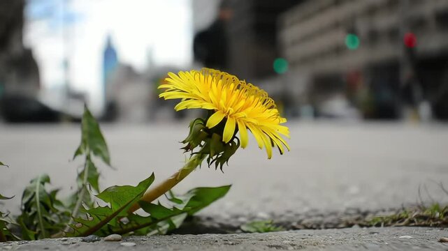 Resilient yellow dandelion flower blooms from sidewalk crack on bustling urban city street