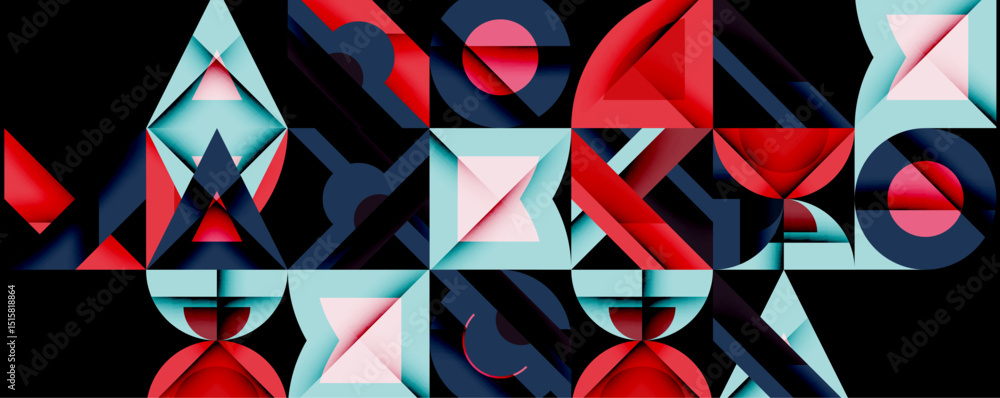 Poster abstract geometric composition. shapes overlap, creating dynamic visual effect. red, blue, cyan hues