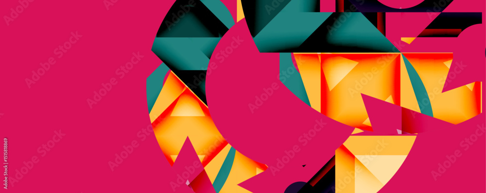 Poster abstract geometric shapes, vibrant colors dominate composition. pink, teal, orange create dynamic vi