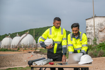 Environmental engineer or workers examining waste water along a large industrial waste water or...