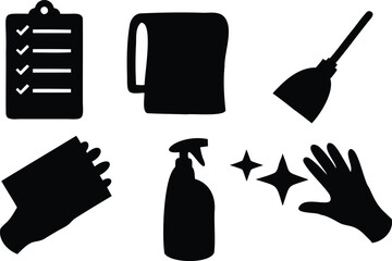 Vector silhouette set of cleaning tools and supplies including gloves, mop, spray bottle, towel, and checklist – ideal for housekeeping services, janitorial branding, or sanitation infographics