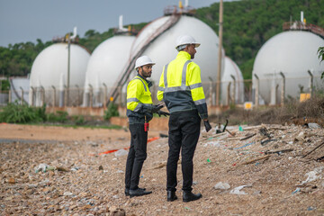 Environmental engineer or workers examining waste water along a large industrial waste water or...
