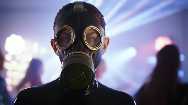 Mysterious woman in gas mask and black latex suit dances at a vibrant futuristic nightclub party