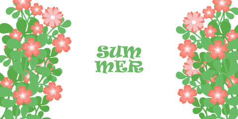 Abstract summer or spring poster or card set in art style with trees leaves  flowers on the palms, surfboard, sea, seashells on pastel colour and blue. Trendy summer design for branding, ads, print.