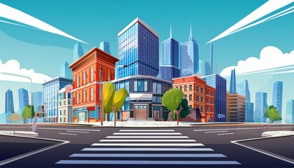 City crossroad vector illustration, diverse architecture buildings