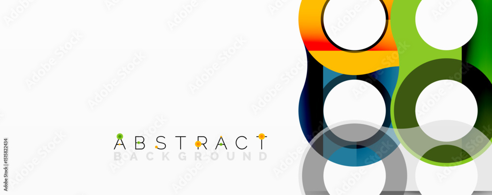 Poster modern design features overlapping circles, squares. bright colors create dynamic visual effect on w