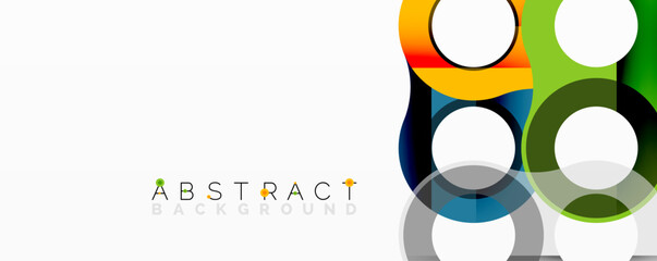 Modern design features overlapping circles, squares. Bright colors create dynamic visual effect on white backdrop. Simple, clean aesthetic.