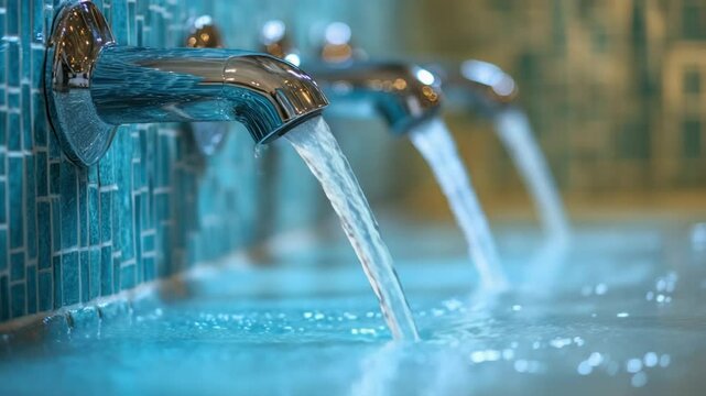 Water flowing from chrome faucets into a shallow basin