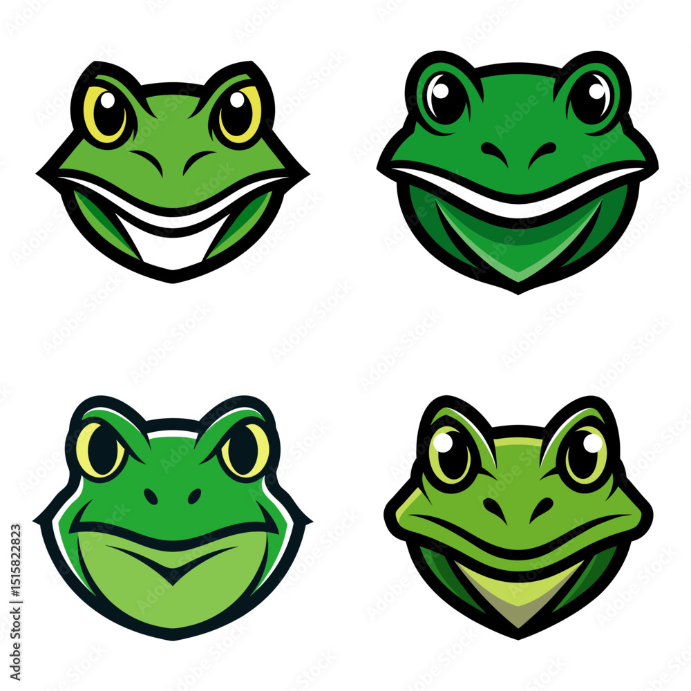 Poster four cartoon frog heads with varying expressions and designs displayed on a white background layout 