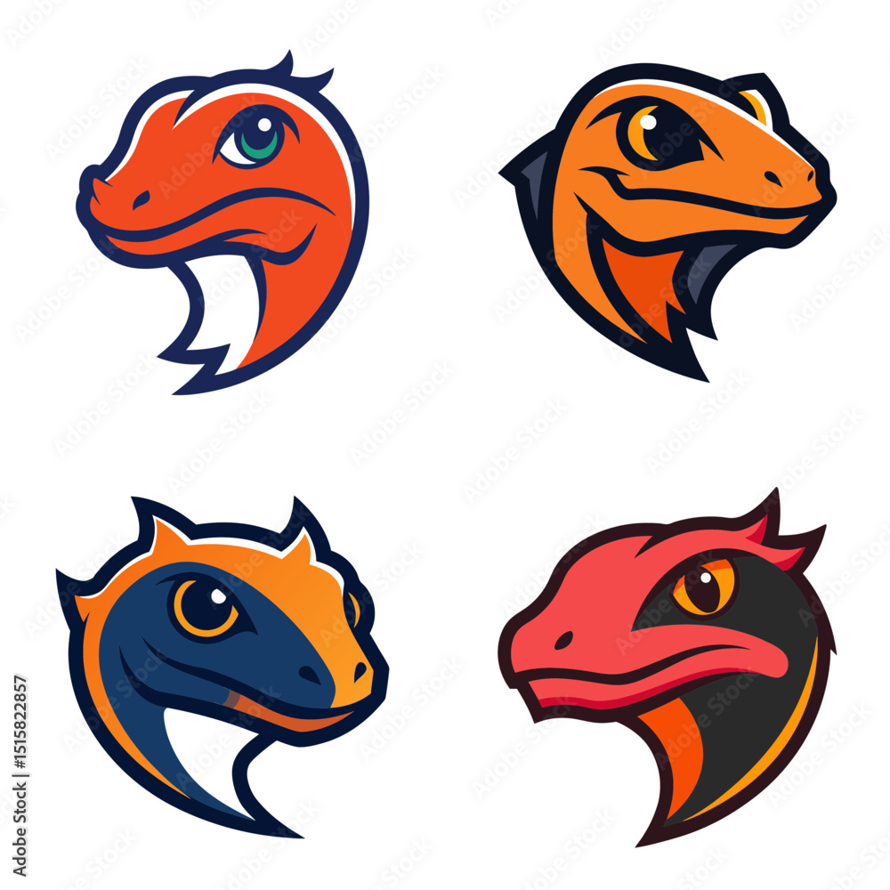 Poster collection of four stylized lizard head logos in various colors and design variations displayed on w