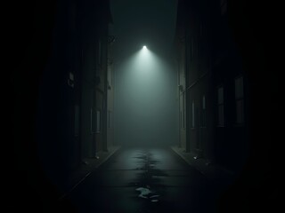 A solitary light in a foggy alley, where shadows and brightness meet in silent contrast.