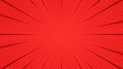 Red halftone comic background with radial fast lines. Vector illustration. Suitable for comics, presentations, posters, etc.