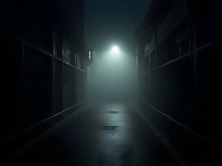 A solitary light in a foggy alley, where shadows and brightness meet in silent contrast.