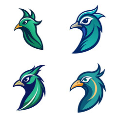 Obraz premium Illustration of four bird head logos in green and blue shades with white background and stylized design