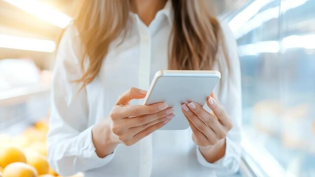 Woman in white shirt shopping at grocery store using smartphone for price comparison and list checking, focused on technology and modern lifestyle, hands holding mobile device for efficient shopping