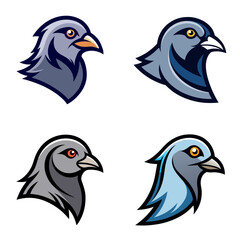 Fototapeta premium Collection of four pigeon head illustrations in various color schemes and artistic styles shown together
