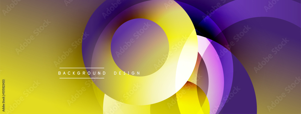 Fototapete Abstract yellow purple gradient circles overlap. Modern design elements create dynamic visual effect. Background features text labels.