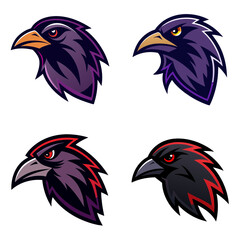 Fototapeta premium Illustration showing four stylized raven heads with varying color schemes and sharp features design