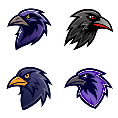 Fototapeta premium Collection of four stylized raven head illustrations in various color schemes and design styles